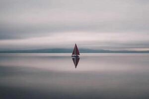 A sailboat floating in the water on a cloudy day photo