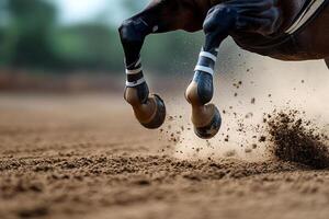 A horse's hooves are in the air as it runs photo