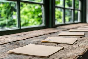 Notes on a wooden table with a window in the background photo
