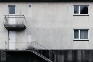 A black and white photo of a building with stairs