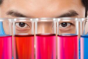 A man in a lab coat is looking at test tubes photo