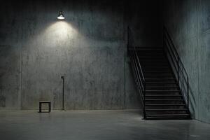 An empty room with a stairway and a light photo