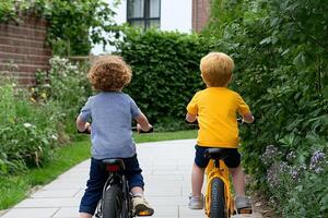 Two young boys riding bicycles down a path photo