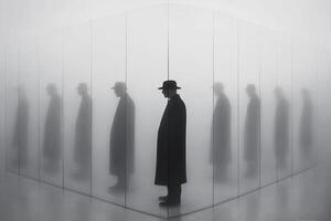 A man in a hat stands in front of a group of people photo