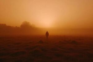 A person standing in a field with the sun setting photo
