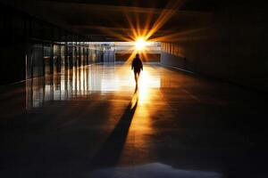 A person walking through an empty hallway with the sun shining through photo