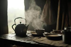 A table with a kettle and cups on it photo
