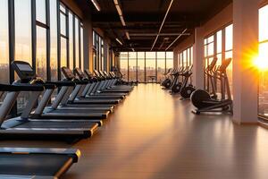 A gym with tread machines and windows looking out over the city photo