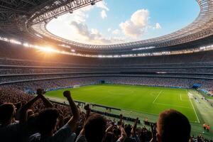A crowd of people at a soccer stadium photo