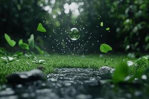 A water droplet is falling into a pond in the middle of a green field photo