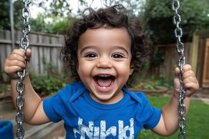 A young boy smiles while swinging on a swing photo