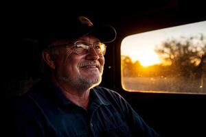 A man smiles through the window of a truck photo
