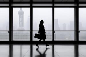 Silhouette of a woman walking in front of large windows photo