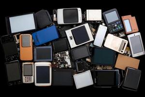 A pile of electronic devices that are scattered on a black surface photo