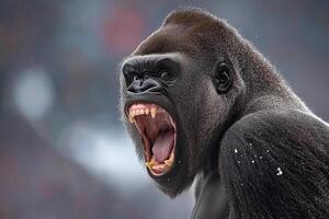A gorilla with its mouth open and its teeth showing photo