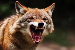 A close up of a wolf with its mouth open photo