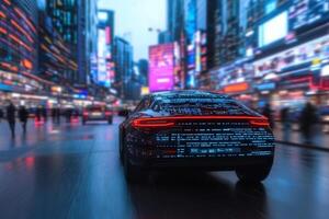 The car is driving down the street at night photo
