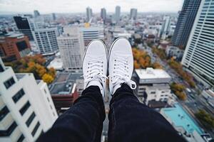 A person wearing white sneakers standing on a ledge with a city in the background photo