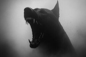 A black dog with its mouth open in the fog photo
