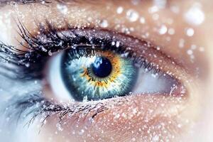 A close up of a woman's eye with snow on it photo