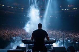 A man playing an electronic keyboard in front of a crowd photo