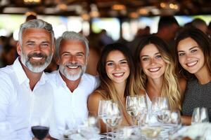 A group of people smiling at the camera at a dinner party photo