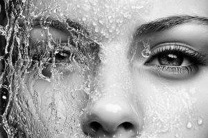 A woman's face covered in water and her eyes are open photo