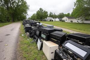 A pile of old electronics sitting on the side of the road photo
