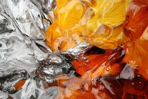A close up of a colorful leaf floating in water photo