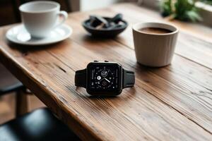 Apple watch on a table with coffee and a cup photo