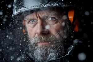 A man with a beard and snow gear looks into the camera photo