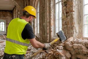 A man in a yellow vest is using a hammer to demolish a building photo