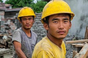 Two men in hard hats standing in front of a building photo