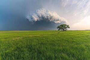 A lone tree in a green field under a large cloud photo