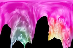 Flowing shapes in vibrant color gradients create an abstract composition against a deep black background, showcasing a harmonious blend of shades in a captivating 3D visualization photo