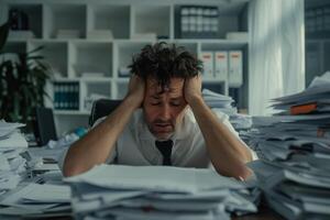 Exhausted man with paperwork in office photo