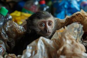 Monkey amidst plastic waste photo