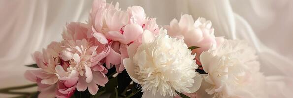 Pink peonies against a white fabric background photo