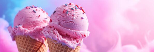 Pink ice cream in cone on vibrant background photo