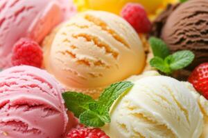 Assorted ice cream with berries and mint photo