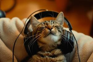 Cat relaxing with headphones photo