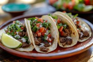 Tacos with beef and tomatoes on ceramic plate photo
