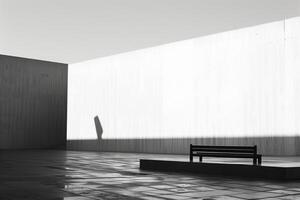 Black and white photo of bench and shadow