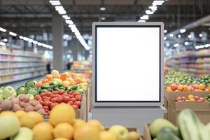 Blank digital display mockup in busy supermarket produce aisle for showcasing promotions and product information photo