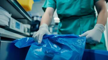 Healthcare worker disposing of waste in medical facility during busy shift photo