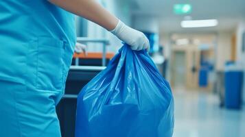 Healthcare worker in blue scrubs disposing of waste in hospital corridor during working hours photo