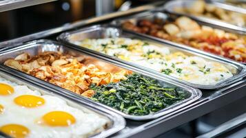 Breakfast buffet featuring assorted dishes with eggs, greens, and meats at a restaurant photo