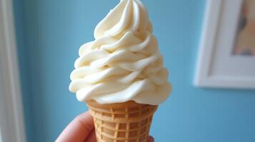 Creamy soft serve ice cream cone held by a person against a light blue background on a sunny day photo
