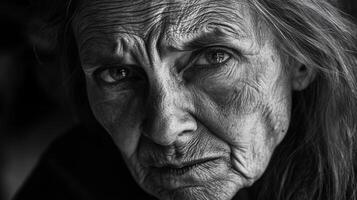 Elderly woman with deep wrinkles gazing intensely at the camera in a dimly lit room photo