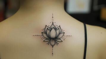Intricate lotus flower tattoo design on the upper back showcasing detailed artistry in a serene studio setting photo